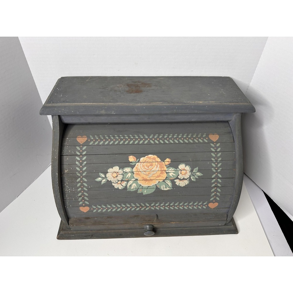 Vintage Gray Wood Roll Top Bread Bin Bread Box Floral Hearts Farmhouse Kitchen